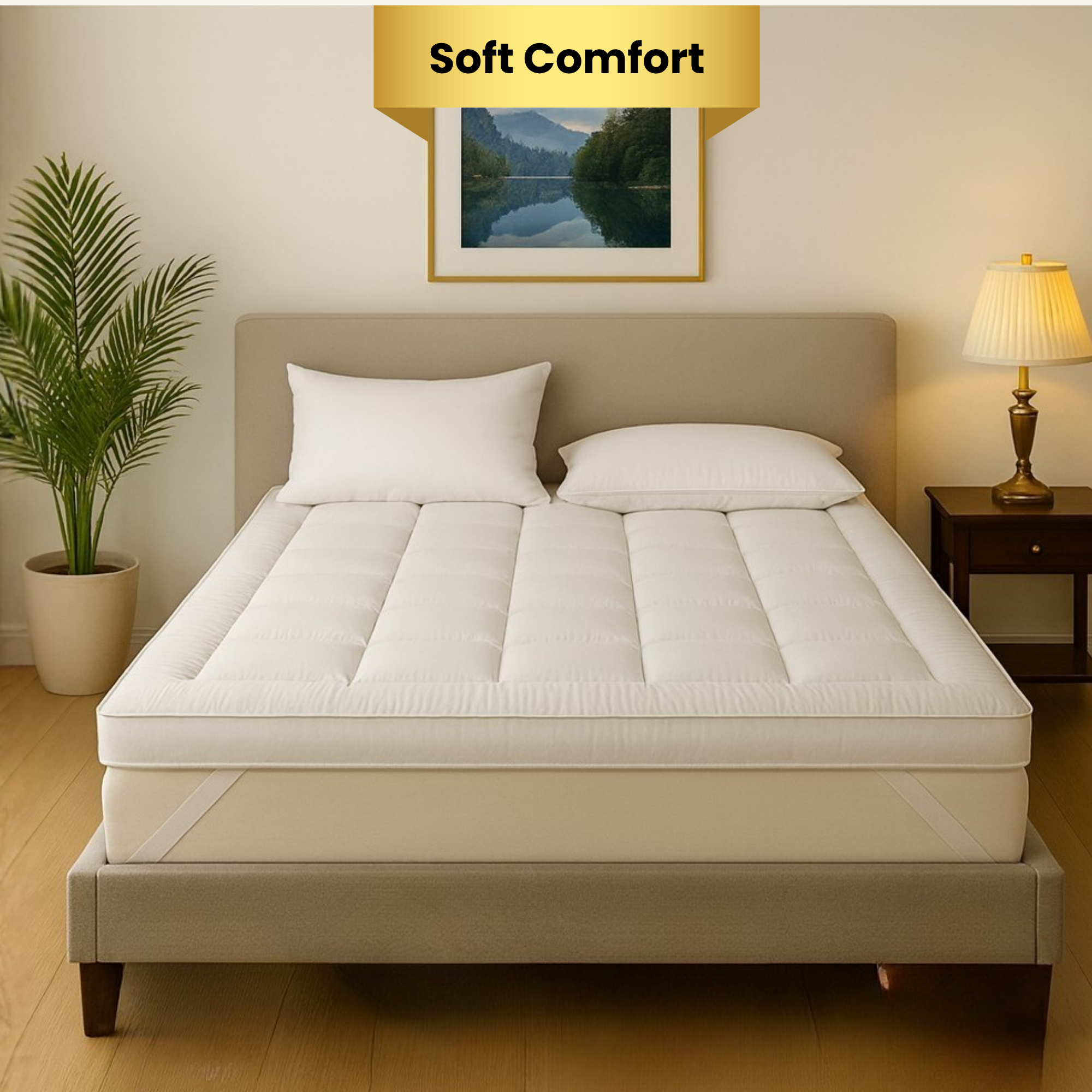 800 GSM plush mattress topper with soft comfort padding on bed, designed to soften firm mattresses and improve sleep comfort