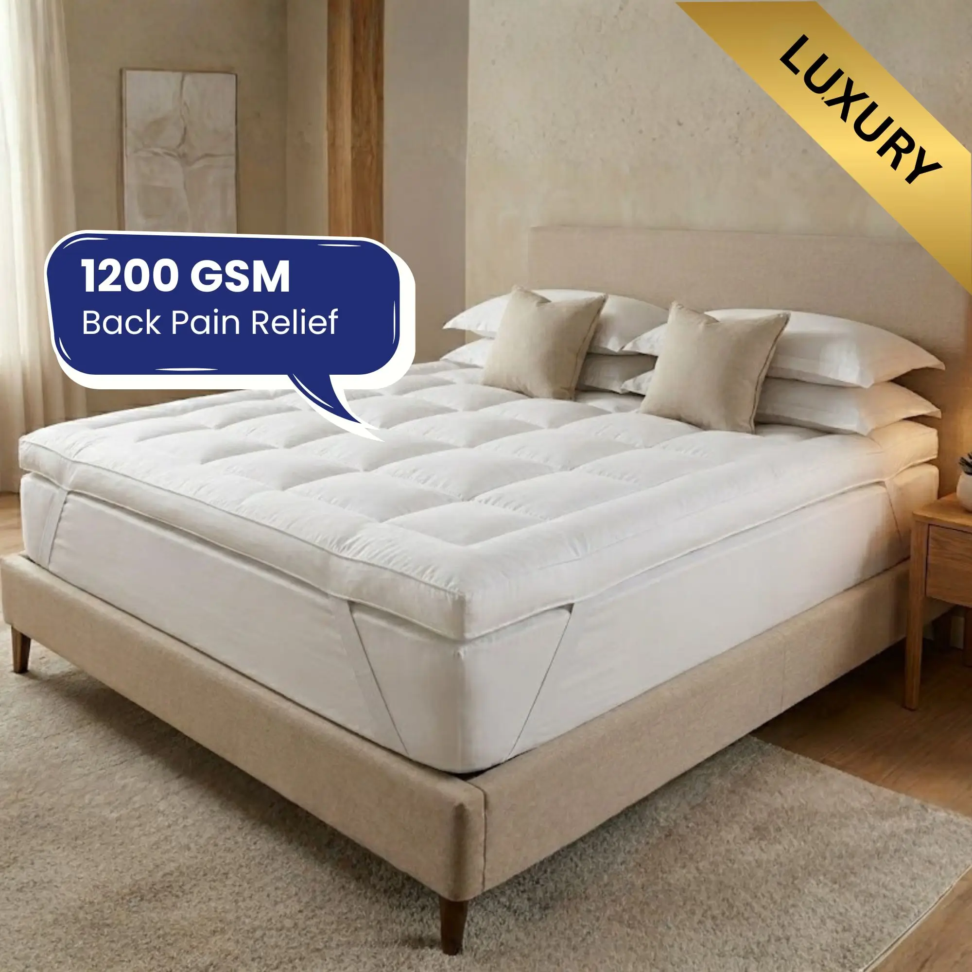 1200 GSM luxury mattress topper for back pain relief with premium support on bed setup
