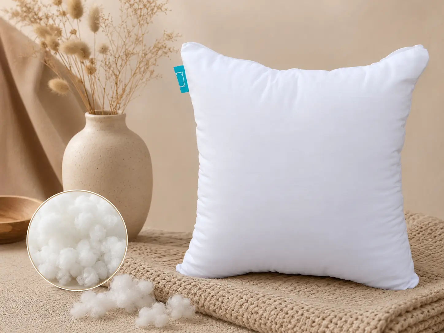 22x22 pillow insert with premium ball fiber filling shown in a neutral styled setting with fiber close-up inset