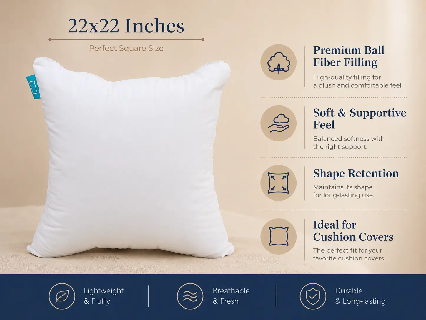 22x22 inch square pillow insert size guide with cushion dimensions